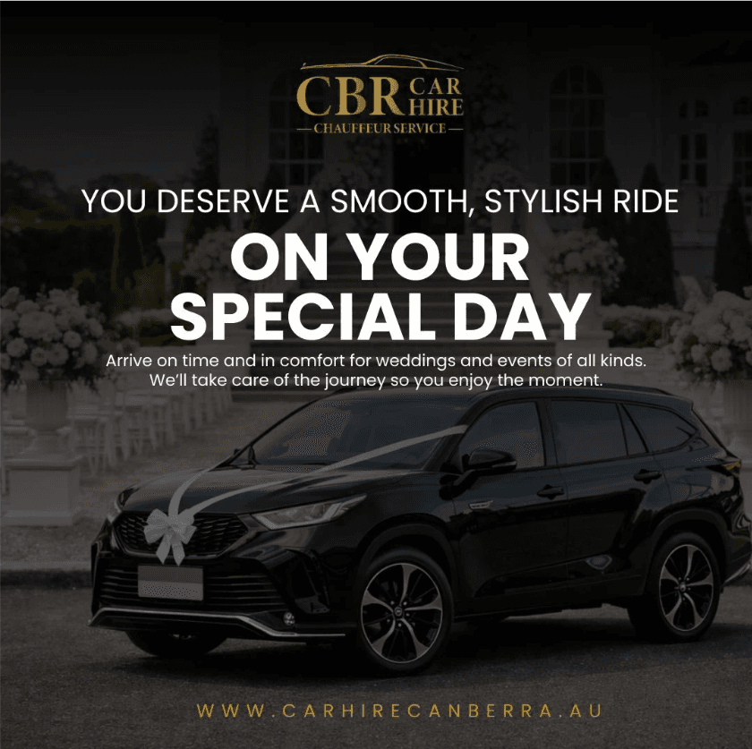 On Your Special Day: evening shot of a black sedan, script over caps for wedding and occasion hire