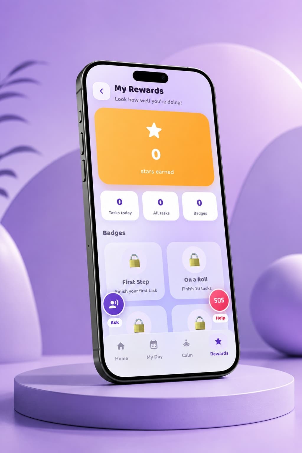 My Rewards: stars earned, task counts, and unlockable badges like First Step and On a Roll