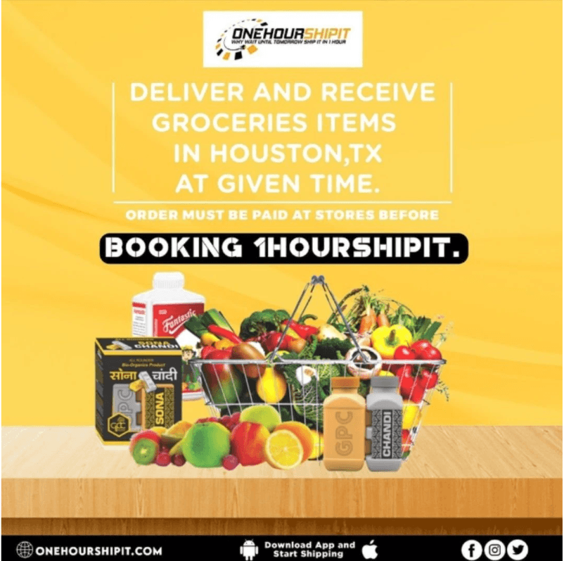 Deliver and receive grocery items in Houston at a given time: amber ground with a basket of fresh produce on a wooden counter