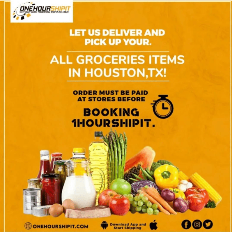 Grocery pickup and delivery across Houston: saturated amber ground with a full grocery spread and a stopwatch mark