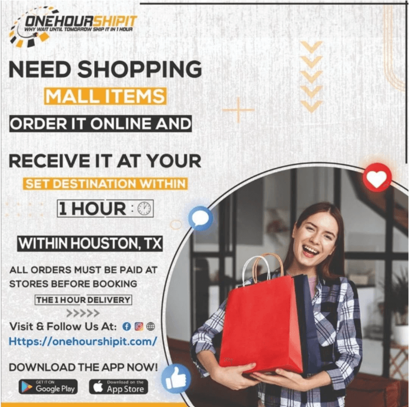 Need shopping mall items: order online, receive within one hour; circular cut-out of a shopper with floating reaction bubbles
