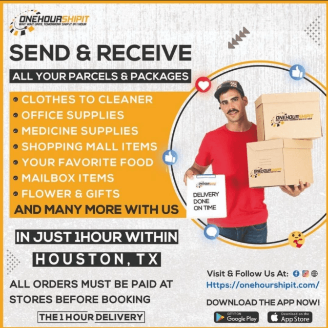 Send and receive all your parcels and packages: the full service list as a bulleted amber panel beside a courier holding branded boxes