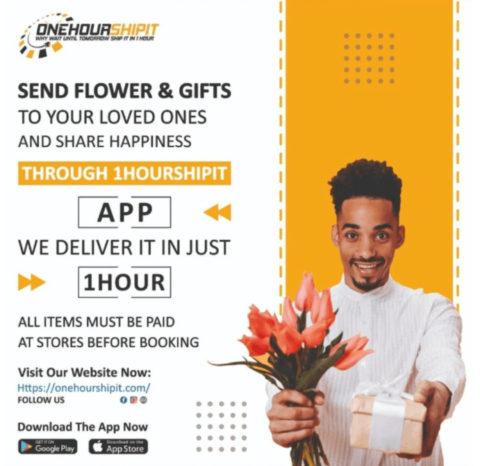 Send flowers and gifts through the app: split layout, white copy panel against amber with a man offering tulips and a wrapped gift