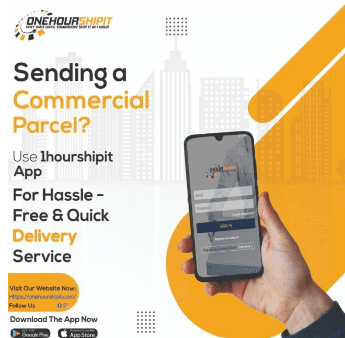 Sending a commercial parcel: city skyline illustration behind a hand holding the app sign-in screen