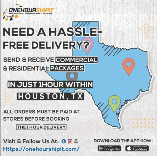 Commercial and residential packages in one hour: outlined Texas map with location pins on a light concrete ground
