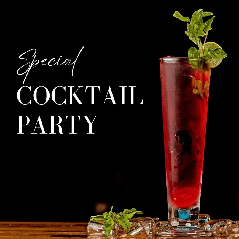 Special Cocktail Party: single backlit cocktail on black, script above wide-tracked serif caps