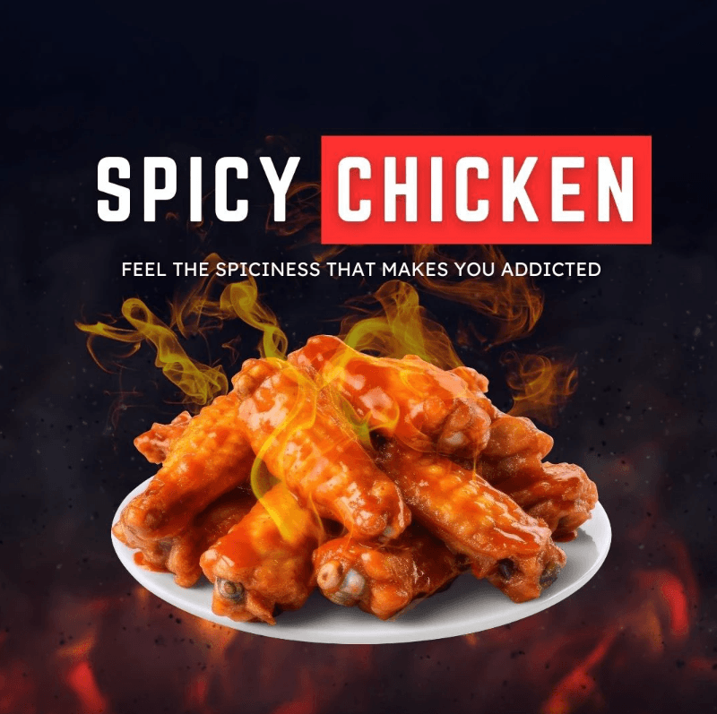 Spicy Chicken: heavy condensed sans with a red highlight block over flame and smoke