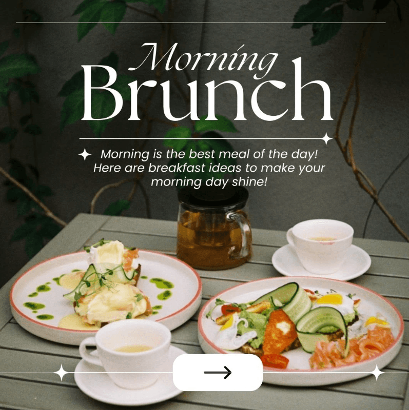 Morning Brunch: daylight table setting, high-contrast serif with a swipe affordance for the carousel