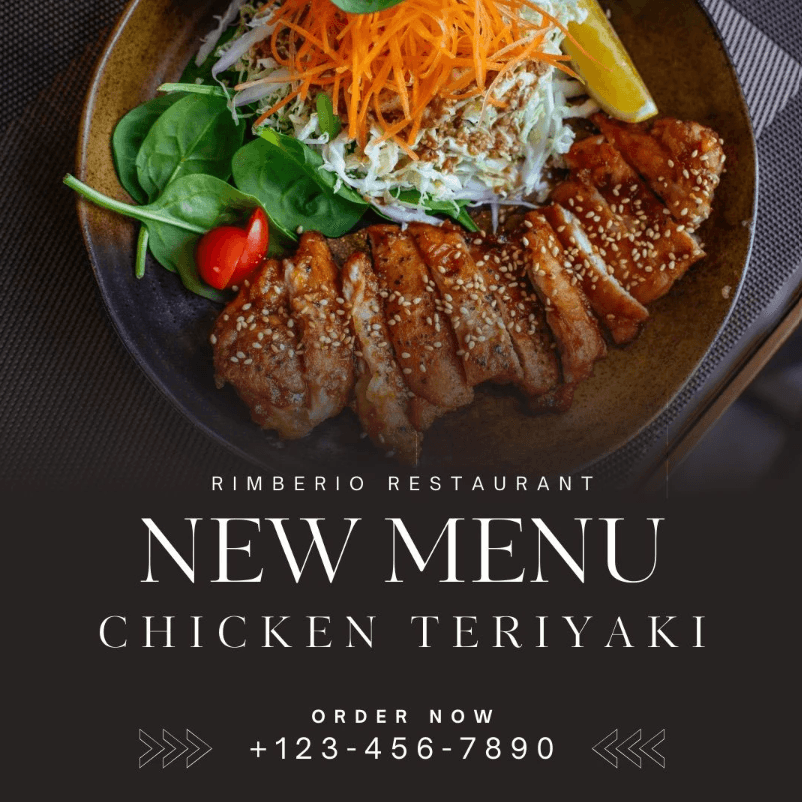 New Menu, Chicken Teriyaki: overhead plate above a dark panel carrying the order line