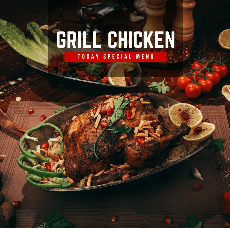 Grill Chicken: bold sans over a red today-special banner on a styled tray shot