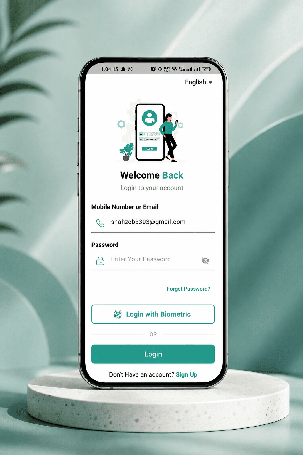 Login: biometric entry alongside password, with a language selector in the top corner