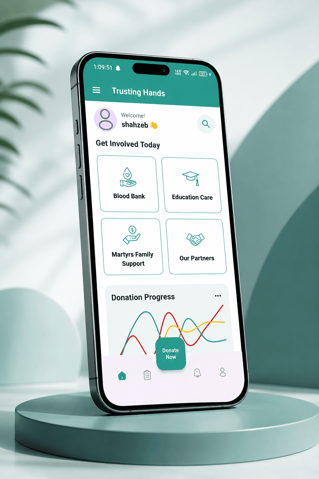 Home screen: Get Involved Today with four programme tiles, a donation progress chart, and a persistent Donate Now action