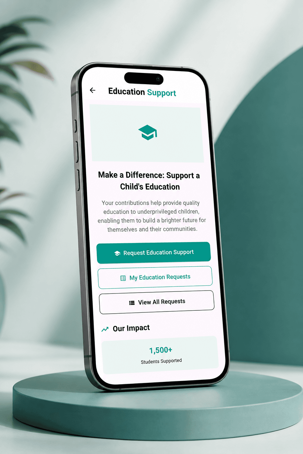 Education support: request, review and browse sponsorship requests, with a running count of students supported