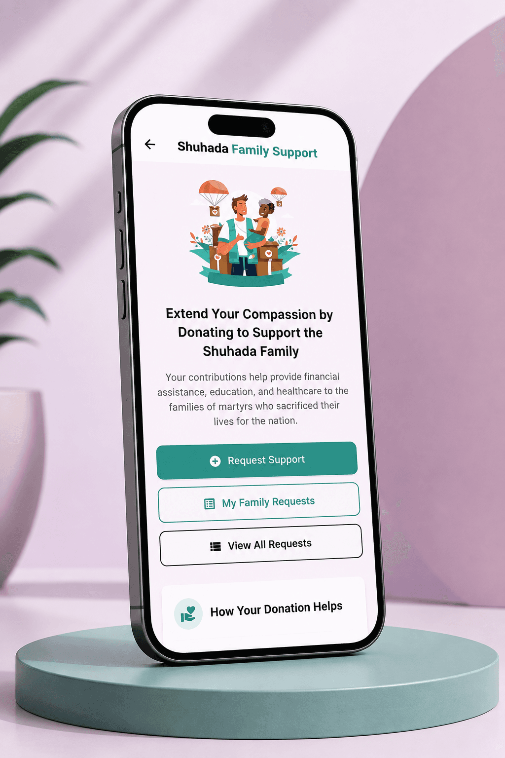 Shuhada family support: the same request-and-review shape applied to financial, education and healthcare assistance