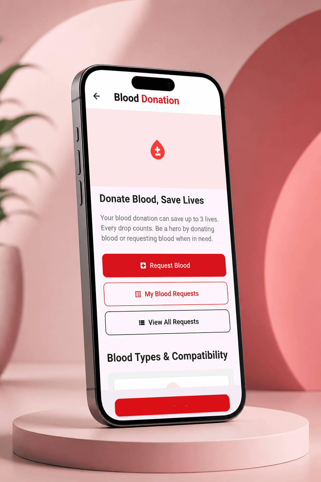 Blood donation: request blood, track your requests, and a blood type compatibility reference, colour-coded red throughout