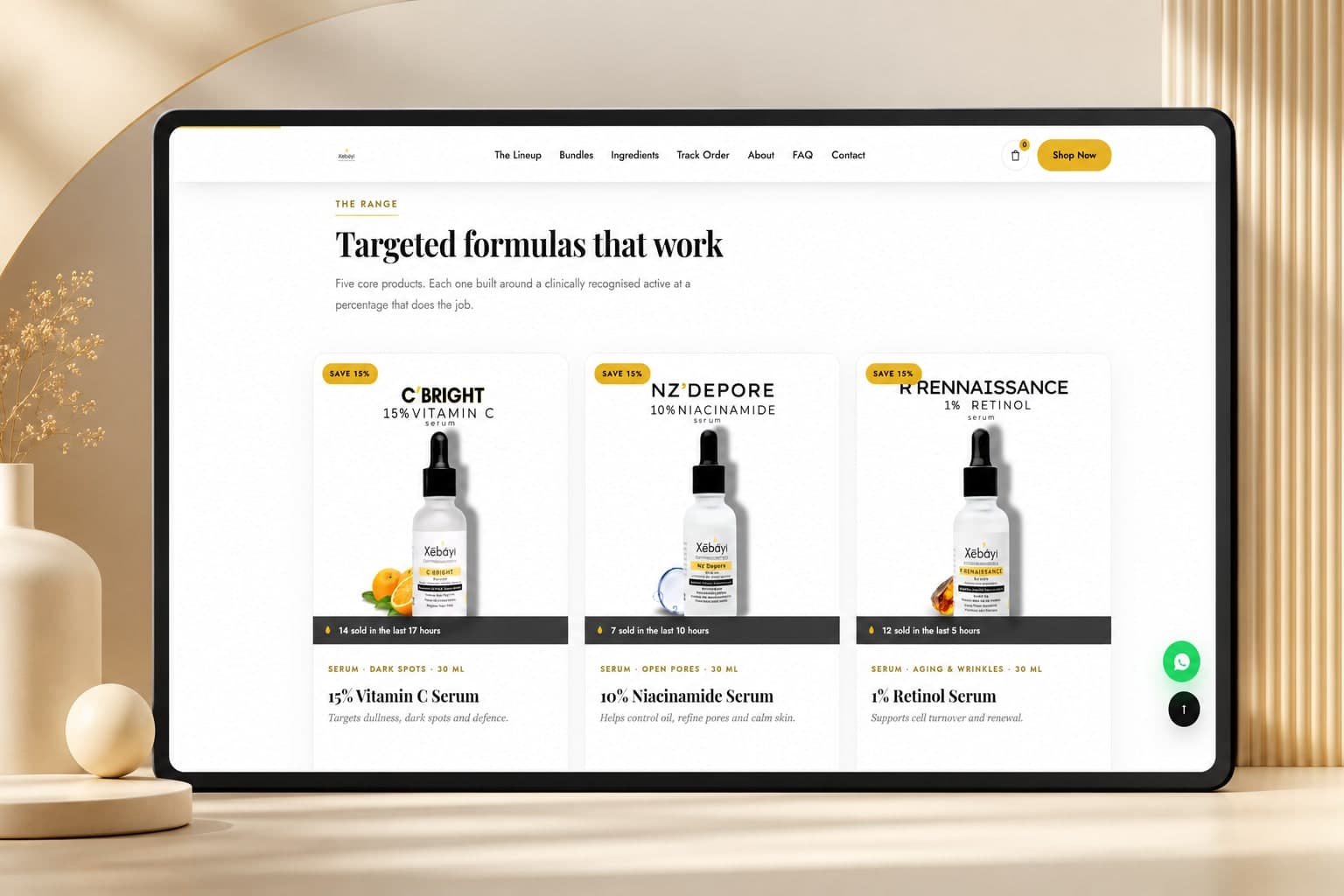 Homepage hero: medicated skincare for visible results, with the active-strength badges called out beside the model